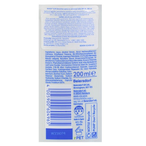 Nivea Sun Sensitive sprej za umirenje kože SPF 50+200 ml