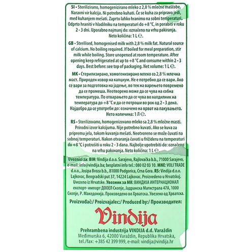 Trajno mlijeko Vindija 2,8% m.m. 1 l